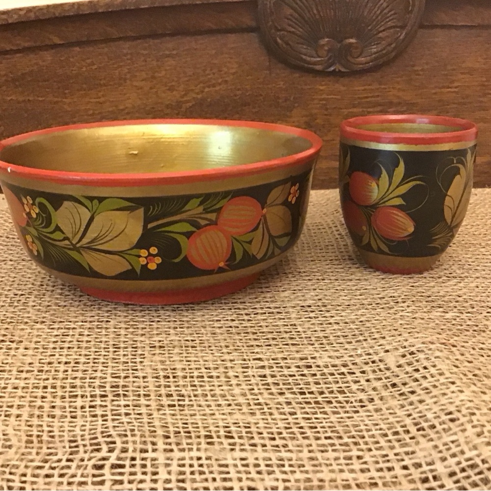 Vintage Russian Khokhloma folk Art wooden hand painted cup and bowl